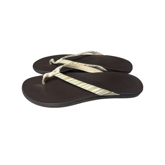 Olukai Womens Ohana Sandals Size 10 Brown & Cream Striped Comfort Flip Flops - Picture 1 of 6